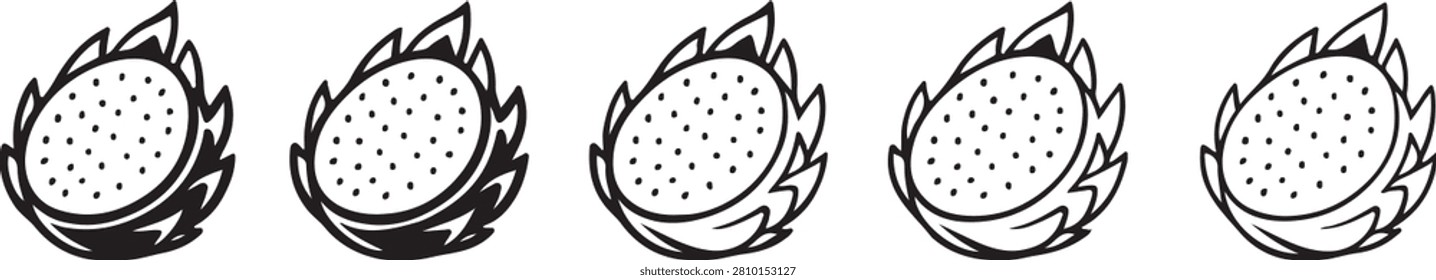 Five black dragon fruit silhouettes are displayed against a white background rendered as a graphic vector illustration.