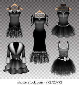 Five Black Dresses on hanger on transparent background