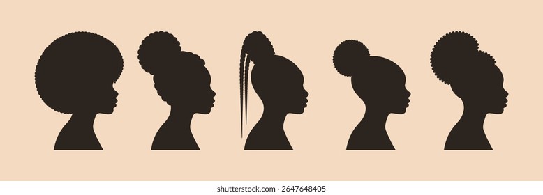 Cinco Preto Feminino Silhuetas Diversos Penteados Afro Puffs Tranças Bun Natural Cabelo mulher negra