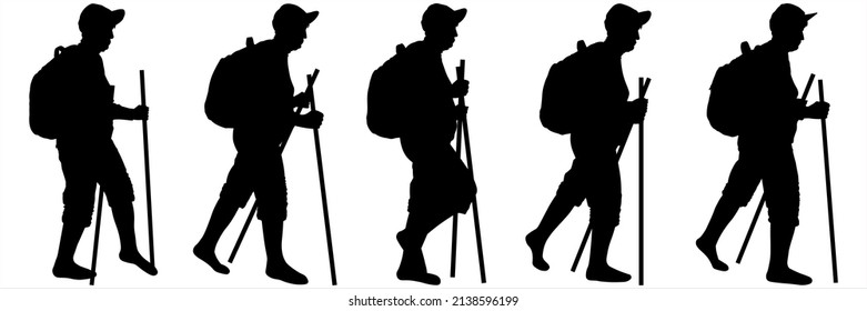 Five black female silhouettes isolated on white background. A woman in a sports cap, a backpack behind her back, shorts, a walking stick in her hands. An older woman is hiking. Hiking. Side view.