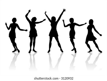 Five black female silhouettes in movement on a white background with shadows.