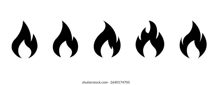 Five Black Flame Icons Graphic Design, Fire Symbols, Heat, Energy, Ignition