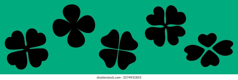 Five black four-leaf clovers on a green background. The clovers are evenly spaced. Four-leaf clovers symbolize luck and fortune. Green and black contrast. Nature illustrations, vector set.