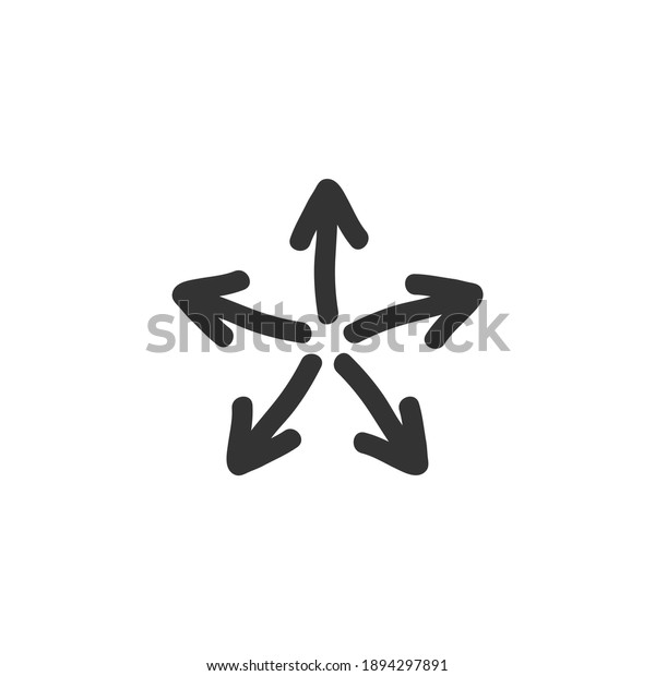 five  black hand drawn arrows point out from the\
center . Expand Arrows icon. Outward Directions icon. Vector\
illustration. Isolated on white.\
