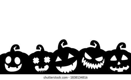 Five black lanterns silhouette. Isolated pumpkins company. Smiling pumpkin shadow.