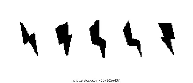 Five black lightning bolt symbols in a row, each showing unique size, shape, and style.