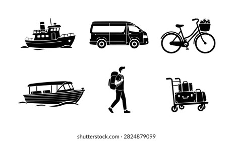 Five black line icons depict boat ferry van bicycle traveler luggage cart on transparent background