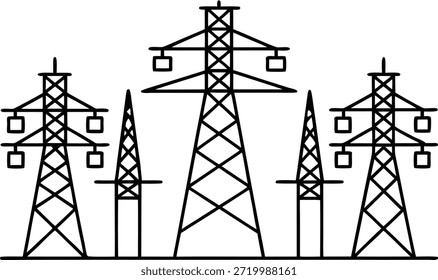 Five black line utility poles on white background power line