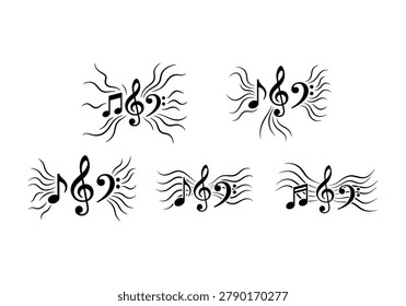 Five black musical notes and treble clef symbols with wavy lines around them on white background