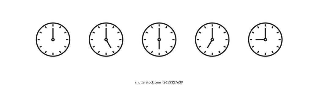 Five black outline analog clocks displaying various times on a plain white background
