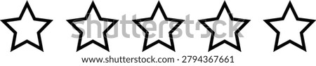 Five black outlined star shapes arranged in a horizontal row, representing a rating system, isolated on a white background