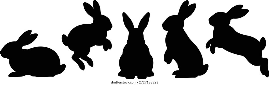 Cinco siluetas de conejo negro en diferentes poses, incluyendo sentado, de pie y saltando, presentadas sobre un fondo blanco.