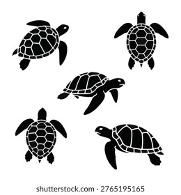 Five black sea turtle silhouettes swimming