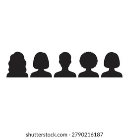 Five black silhouette figures with varied hairstyles standing side by side isolated on transparent background