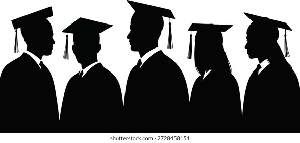 Cinco silhuetas negras de estudantes concluintes com bonés e vestidos acadêmicos, simbolizando a realização e a conclusão do ensino.