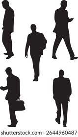 Five black silhouettes of men in suits, depicted in various walking poses and actions, including one using a mobile phone and another carrying a briefcase.