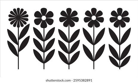 Five Black Silhouettes of Simple Flowers and Leaves