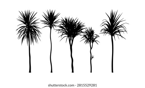 Five black silhouettes of tropical palm trees with long trunks and fronds against a white background, emphasizing natural beauty and tropical landscapes.