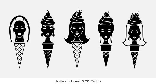 Cinco siluetas negras de las caras de las mujeres en conos de helado con diferentes peinados y coberturas
