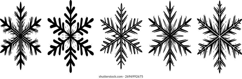 Five black snowflakes are displayed on a white background.