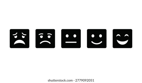 five black square face icons with varying expressions silhouette
