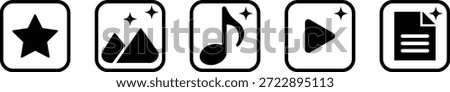 Five black star landscape music play button document in rounded square frames favorite bookmark achievement