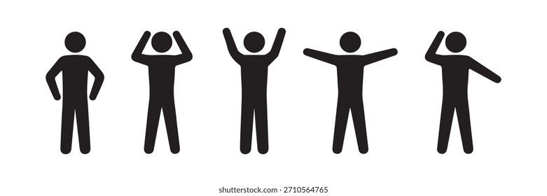 Cinco personagens de figuras de vara preta em uma fileira contra um fundo branco, cada um exibindo uma pose diferente com braços levantados e posições variadas.
