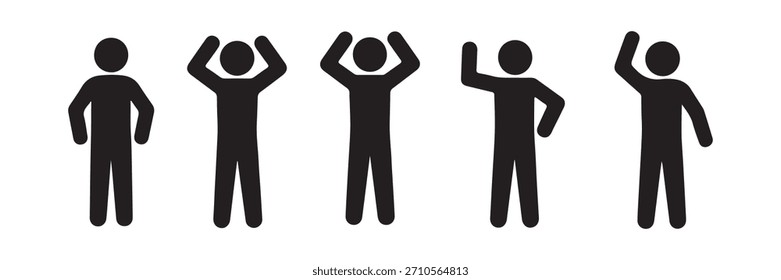Se muestran cinco figuras de palo negro con diferentes posiciones de las manos, incluidos los brazos levantados y un brazo levantado. Los iconos simplistas se colocan sobre un fondo blanco.