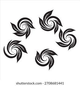 Cinco elementos em preto estilizado são dispostos em um padrão circular, cada um girando para dentro, criando um design dinâmico e abstrato em um fundo branco.