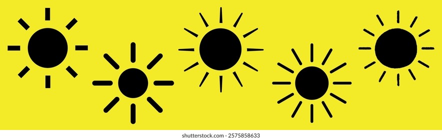 Five black sun icons on a bright yellow background. Sun symbols in a row. Sun icons stand out against the yellow. Simple sun design repeated. Weather icons, isolated vector element set.