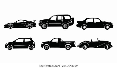 Five black SUVs parked side by side in a neat row with transparent background