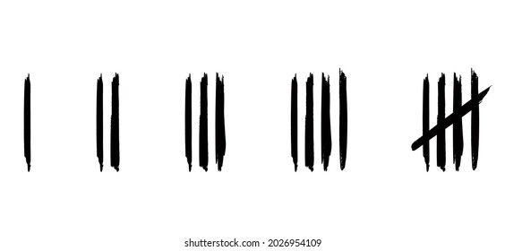 Five black tally counting marks. Cartoon brush stroke lijn pattern. Flat vector. Tally strokes. Lines symbol countings. Green, red, orange lines counting to 5.