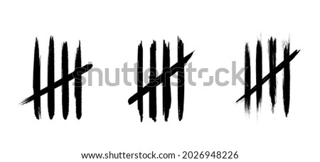 Five black tally counting marks. Cartoon brush stroke lijn pattern. Flat vector. Tally strokes. Lines symbol countings. Lines counting to 5.