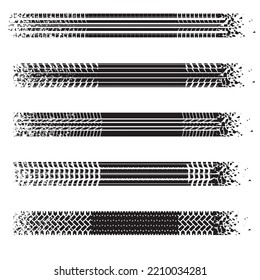 Five black tire track silhouettes with broken elements. Grunge makrs of vehicles on a road