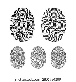 Five black vector illustrations depicting fingerprint shapes with varying loop and whorl patterns on a white background.