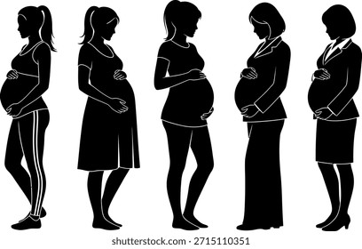 Cinco siluetas de Vector negro de mujeres embarazadas que muestran estilos de vida diversos (ropa deportiva, casual, ropa de negocios). Aislado sobre fondo blanco.