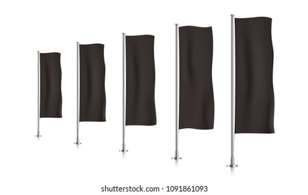 Five black vertical banner flags, standing in a perspective row. Banner flag templates isolated on a white background. Vertical flags realistic mockup.