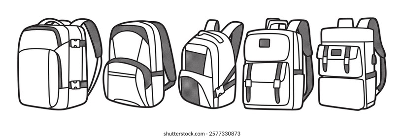five black and white backpack images