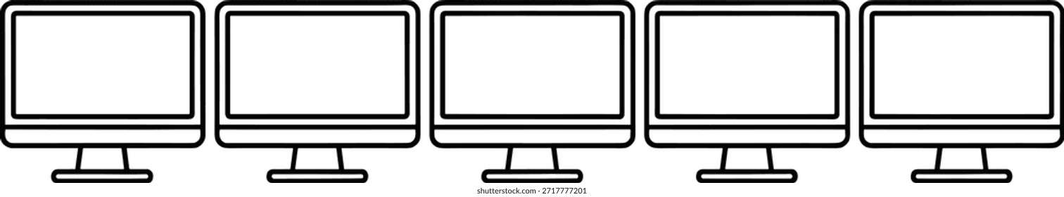 Cinco monitores de computador preto e branco em suportes em sequência