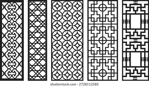 Five black and white jali patterns with intricate geometric