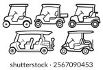 five black and white line drawings, simple golf cart