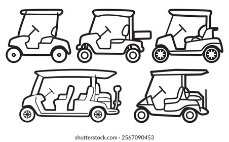 five black and white line drawings, simple golf cart
