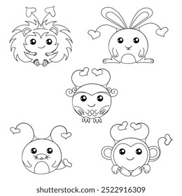 Five black and white round monsters in the shape of a hedgehog, hare, owl, seal, monkey. Funny aliens with horns and tails with hearts. Smiling cartoon characters. Colouring.  