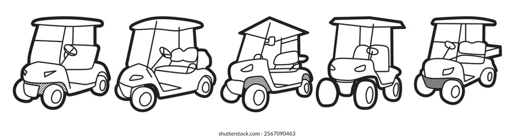five black and white striped images, golf cart angle view
