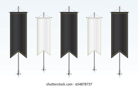 Five black and white vertical royal flags, standing in a row. Banner flag templates isolated on background. Vertical flags realistic mockup.