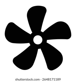 Icono de ventilador de cinco hojas. Símbolo negro de la silueta de la hélice o de la ventilación para la refrigeración, la HVAC, la maquinaria, el motor o el sistema industrial. Ilustración vectorial, aislada.