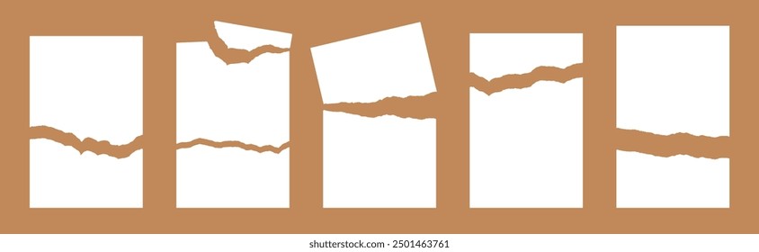 Five blank clean white A4 sheets of paper in vertical position torn horizontally in half or into pieces with ragged edges. Vector illustration in flat style. Elements for collages, forms, templates.