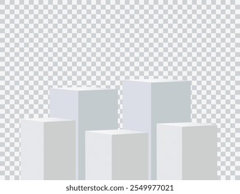 Five blank square podiums stand to show products on transparent background, Vector illustration.