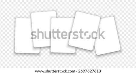Five blank white playing, gift or discount cards mockups isolated on transparent background. Template of playcards for royal flush combination. Poker game concept. Vector realistic illustration.