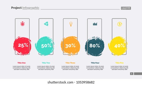 Five blots percentage chart slide template. Business data. Percent, review, design. Creative concept for infographic, presentation, report. Can be used for topics like banking, insurance, analysis.